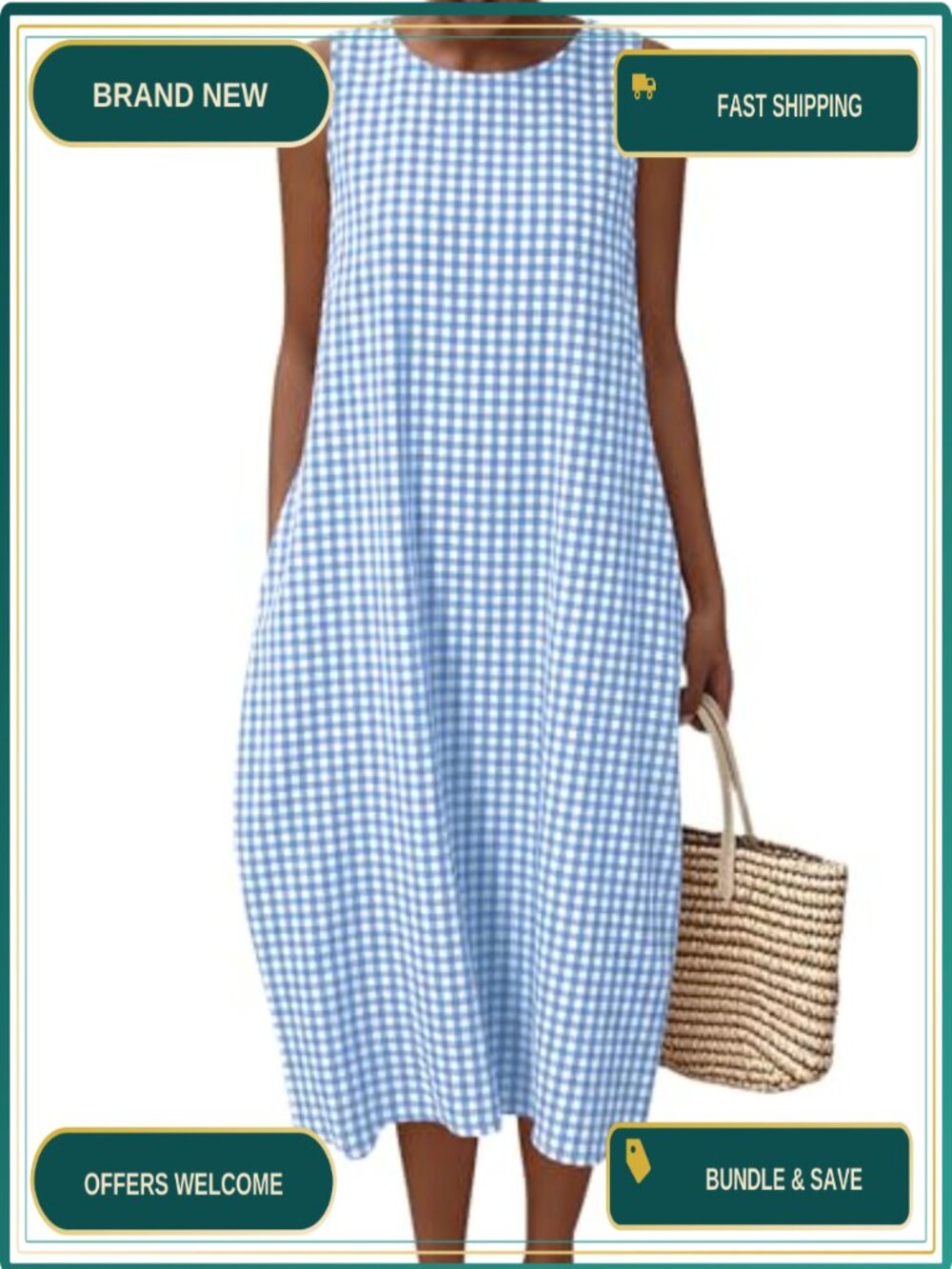 Women's Sleeveless Midi Dress Cotton Gingham Plaid with Pockets